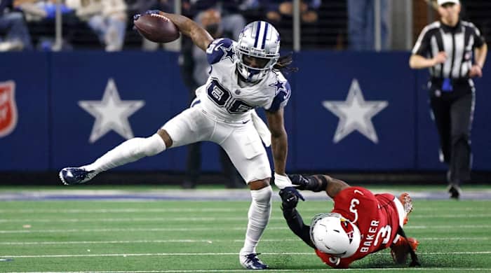 Dallas Cowboys wide receiver CeeDee Lamb (88) breaks away from Arizona Cardinals safety Budda Baker (3) during the second half of an NFL football game Sunday, Jan. 2, 2022, in Arlington, Texas.